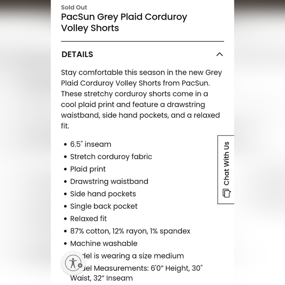 Pacsun Volley corduroy textured shorts Men's XL grey plaid - Picture 10 of 10